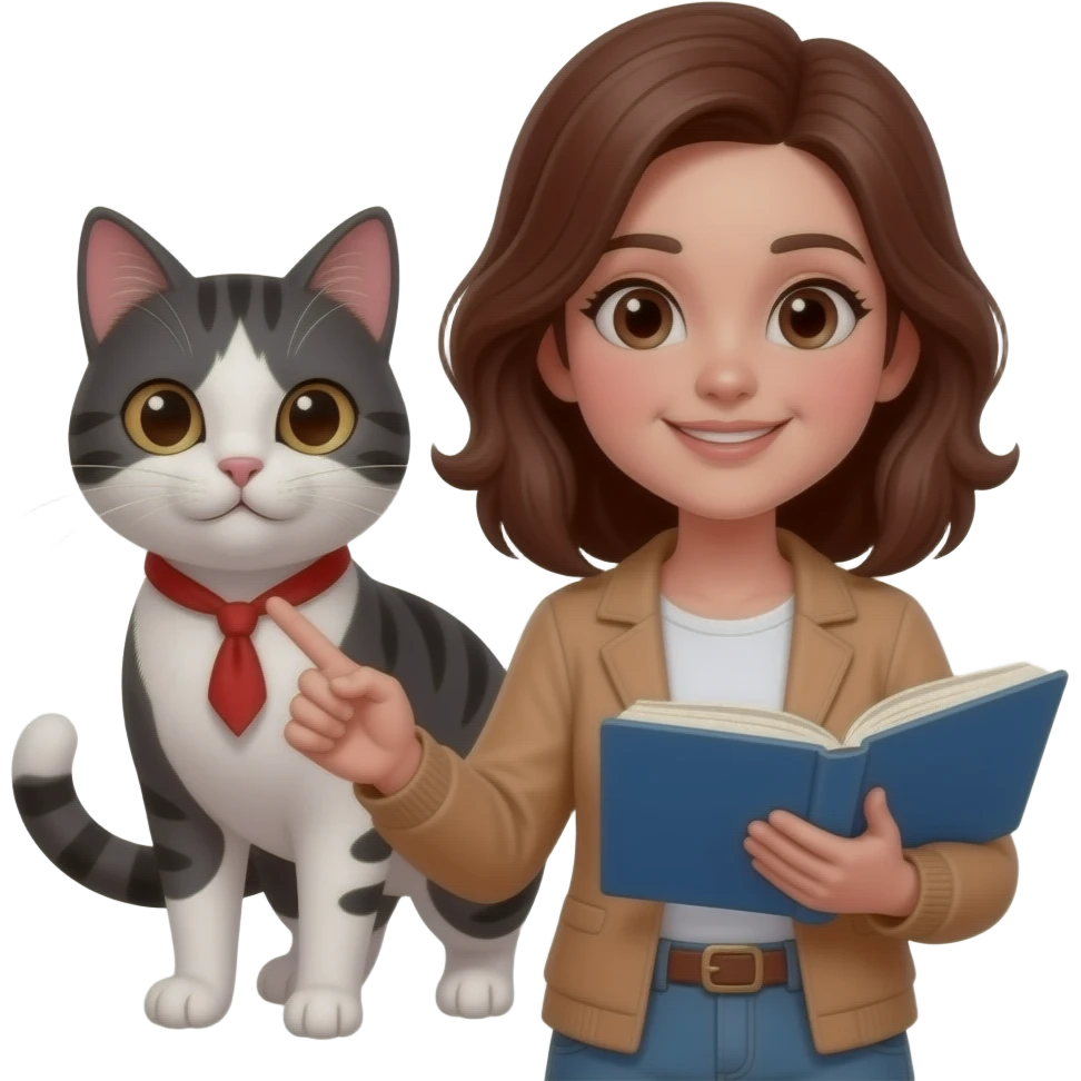 mulher gato de olhos castanhos em pé dando aula em faculdade, não em um auditorio emoji