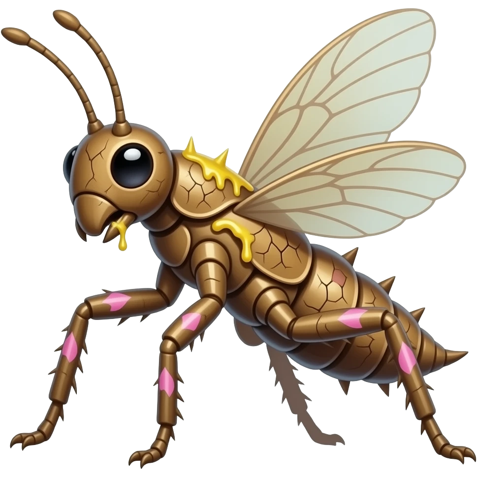A flying forest Walkingsticks crawler with sticky sap running through cracks in its bark-like body. it's made of bark but has a shell on its back, it has spikes and runs fast with all its limbs. It's full of pink petal markings, and looks like a Walkingstick insect with a bark body. emoji