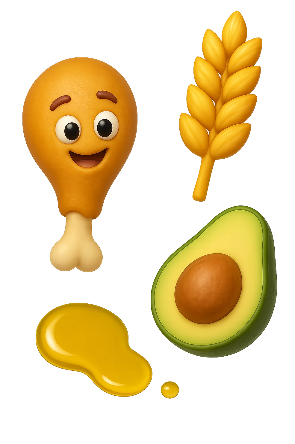 EMOJI STILE IPHONE 3D DI proteine, fibre, grassi sani che fluttuano in aria, iperrealistico 4k emoji