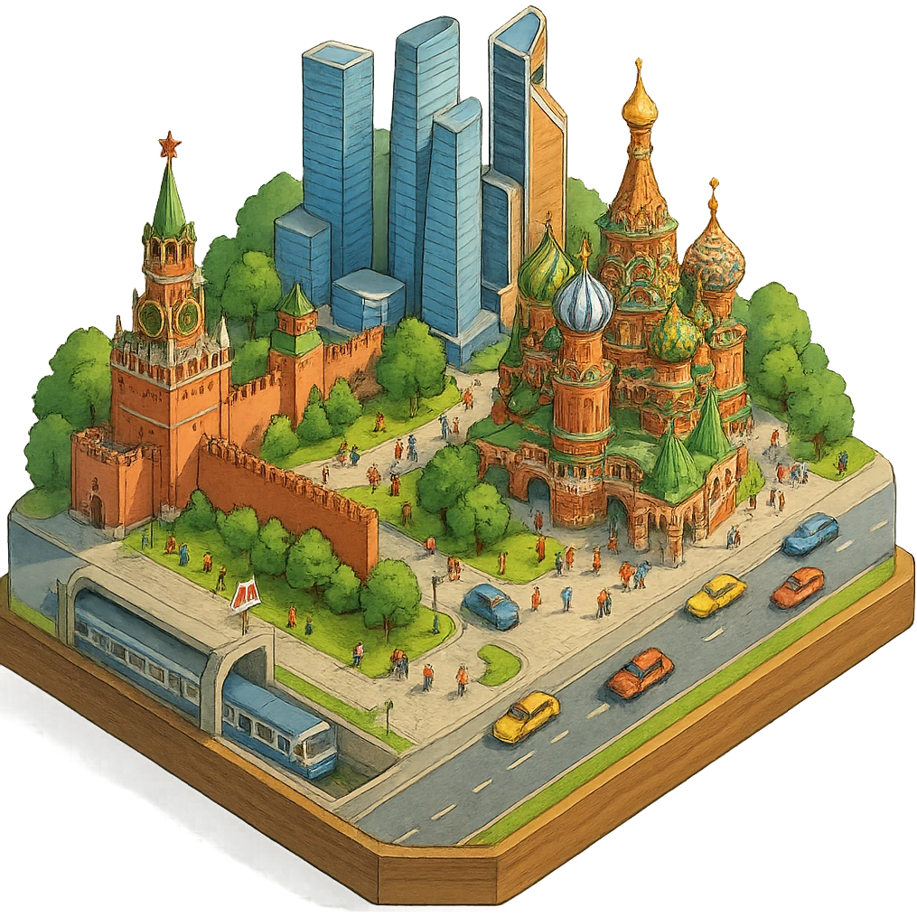 Изометричная миниатюрная 3D модель Москвы на подставке - фотореалистичный Кремль, собор Василия Блаженного, фотореалистичный Башни Москва-Сити, аккуратная детализация, яркие цвета, мультяшный реализм, гуляют люди и современный автотранспорт и метро, компактная композиция, вид сверху в изометрии, прозрачный фон emoji