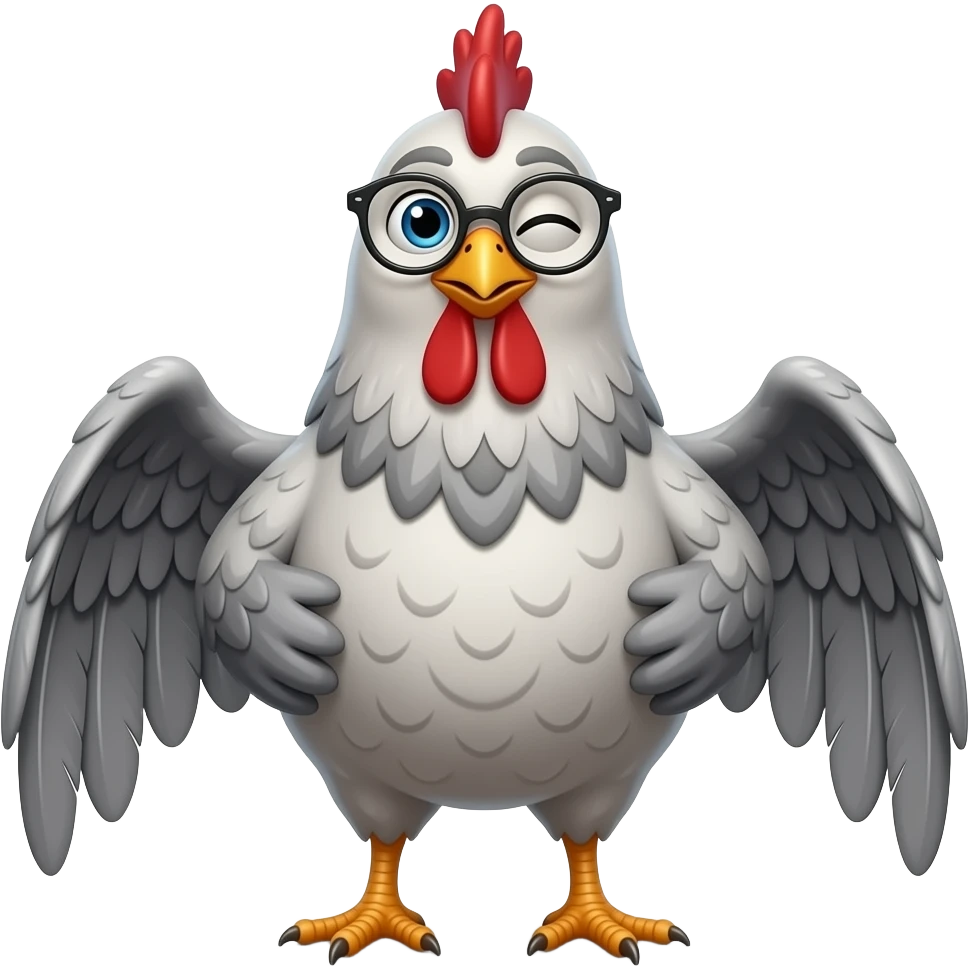 chicken with grey feathers throughout with glasses with wings on its hip raising an eyebrow emoji