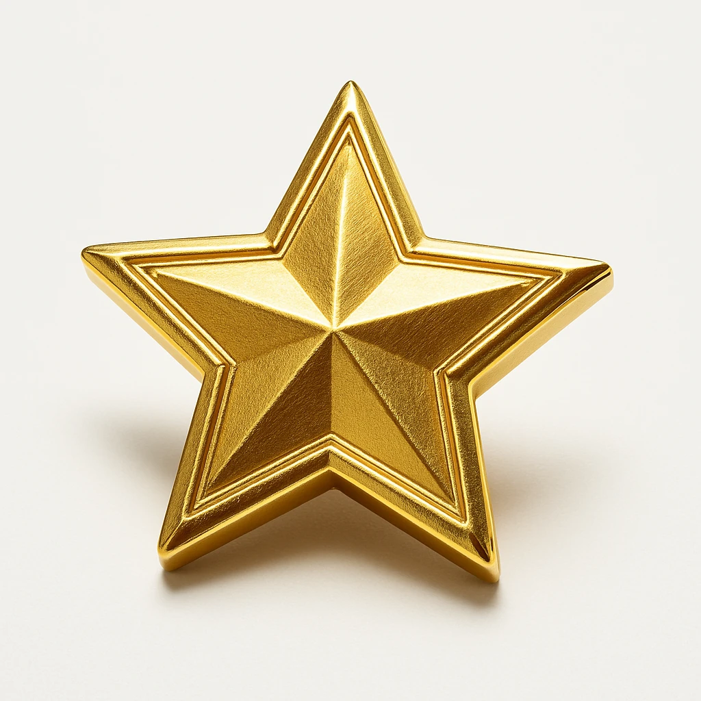 a glittery golden star-shaped medal, frontal view emoji