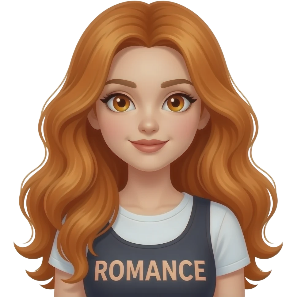 sexy girl with long ginger hair and ginger eyes a top with ROMANCE written on it emoji