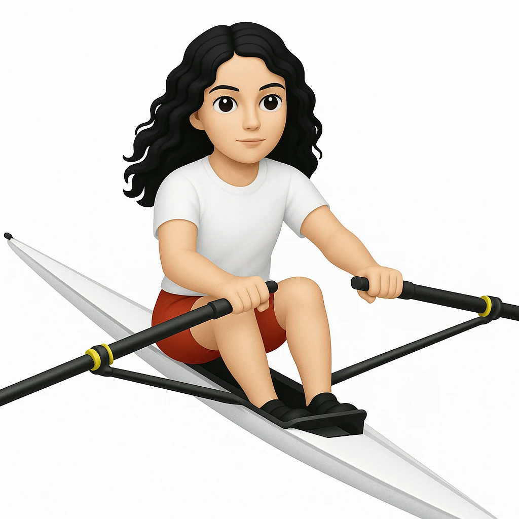 Altındaki tekneyi olimpik kürek sporu için uygun, uzun ve ince yarış teknesi olarak değiştir. Kız siyah uzun dalgalı saçlı, beyaz tenli, kırmızı şort ve beyaz kısa kollu tişörtle olimpik kürek sporu yapıyor emoji