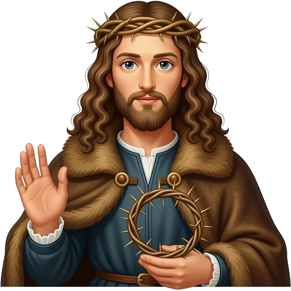 cinematic - en face penetrating balanced Albrecht Dürer Renaissance self-portrait with long curly hair in a cloak with a fur collar, in Renaissance dress, holding a crown of thorns with his left hand - contemporary representations of Christ emoji