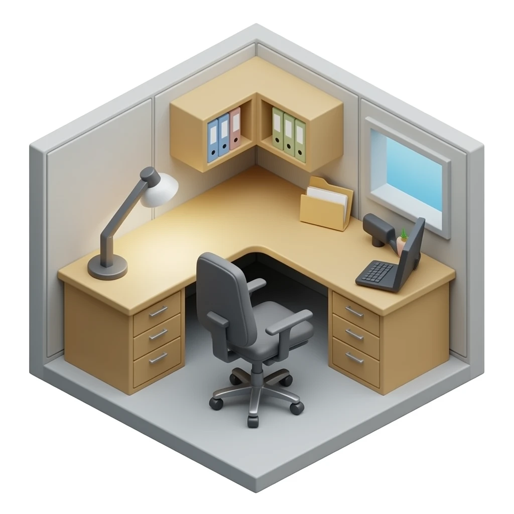 Apple-style 3D emoji icon, cubicle desk with file cabinets at 45° isometric angle, desk lamp on, office chair, clear workspace, other than 1 file, rounded shapes, soft gradients, iPhone emoji aesthetic, high-resolution PNG. emoji