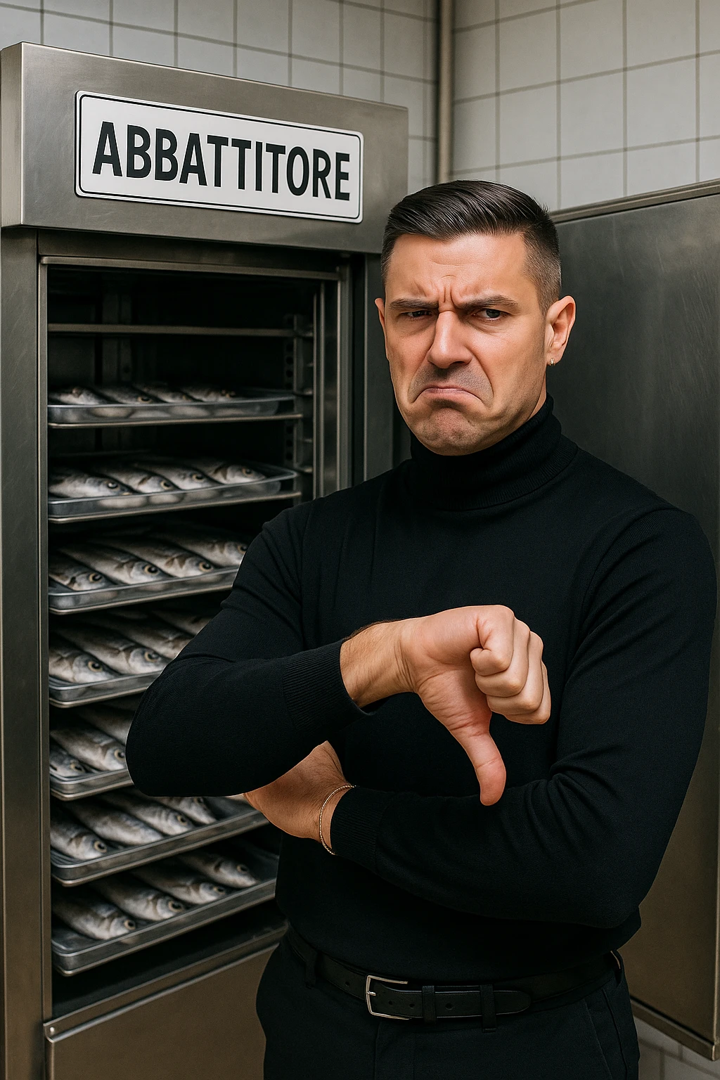 a man stands in front of a commercial fish blast freezer (abbattitore), arms crossed and a displeased, skeptical expression on his face. He shakes his head or gives a thumbs down, clearly rejecting the use of the freezer. The background shows a professional kitchen or fish processing area, with trays of fish ready for freezing. in italiano emoji