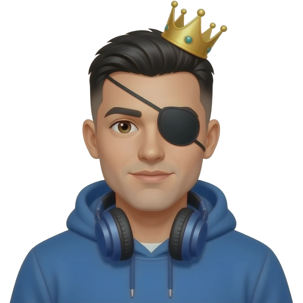Make a man who has a blue hoodie with headphones on his neck have a crown with a black eyes cover black and with a short white male black buzz cut and make him a white male emoji