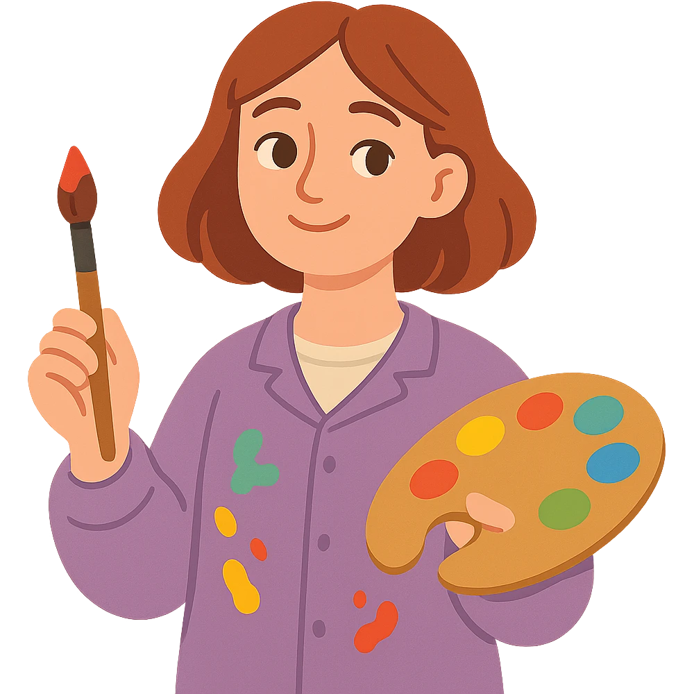 Serene female oil painter, Caucasian features, shoulder-length auburn hair, soft brown eyes, gentle smile, wearing a violet painter’s smock lightly stained with paint over a beige blouse, holding a wooden palette with vibrant colors in one hand and a brush in the other, waist-up, front-facing emoji