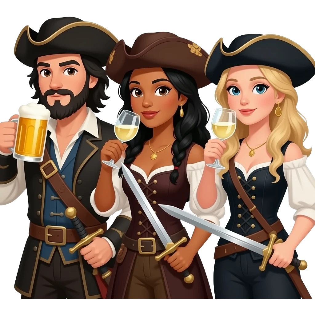 Three musketeers with swords and hats. One guy with black hair, beard and dark brown eyes, one girl with black hair and tanned skin and one girl with blond hair. The guy is drinking beer and the girls white wine. emoji