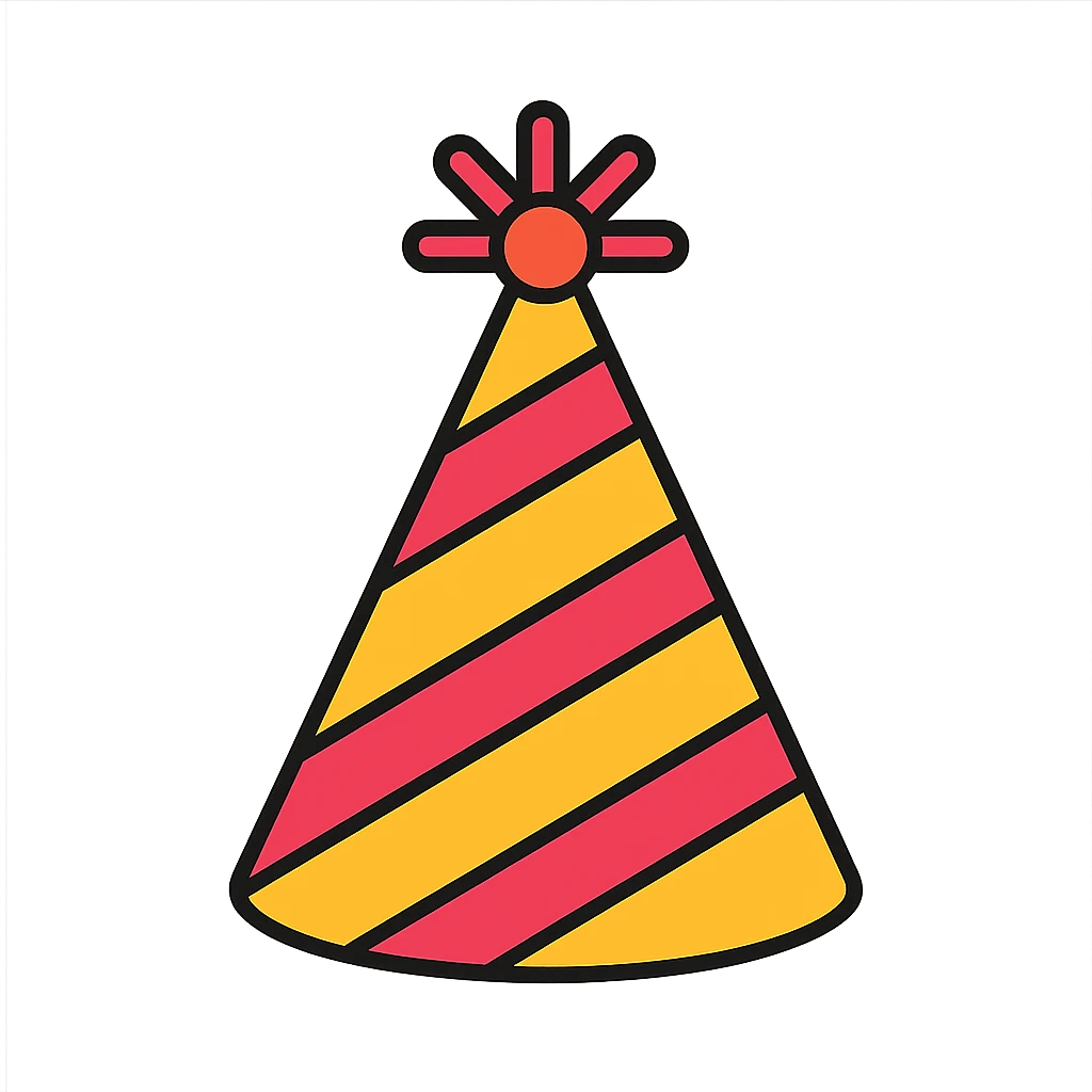 party hat, color outline icon style, playful, black outlines, colored fill emoji