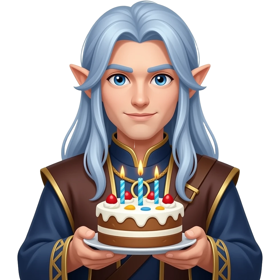 birthday celebration with male elf battle monk with long blue silver hair holding birthday cake emoji