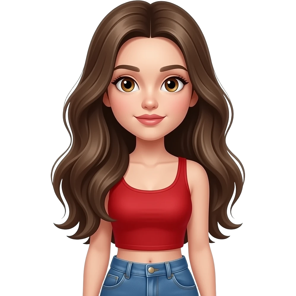 Young woman with fair glowing skin, large hazel eyes with long lashes, softly arched brows, full lips, very long dark blonde flowing hair, delicate feminine features, wearing a fitted red crop top and blue jeans, confident and slightly soft expression emoji