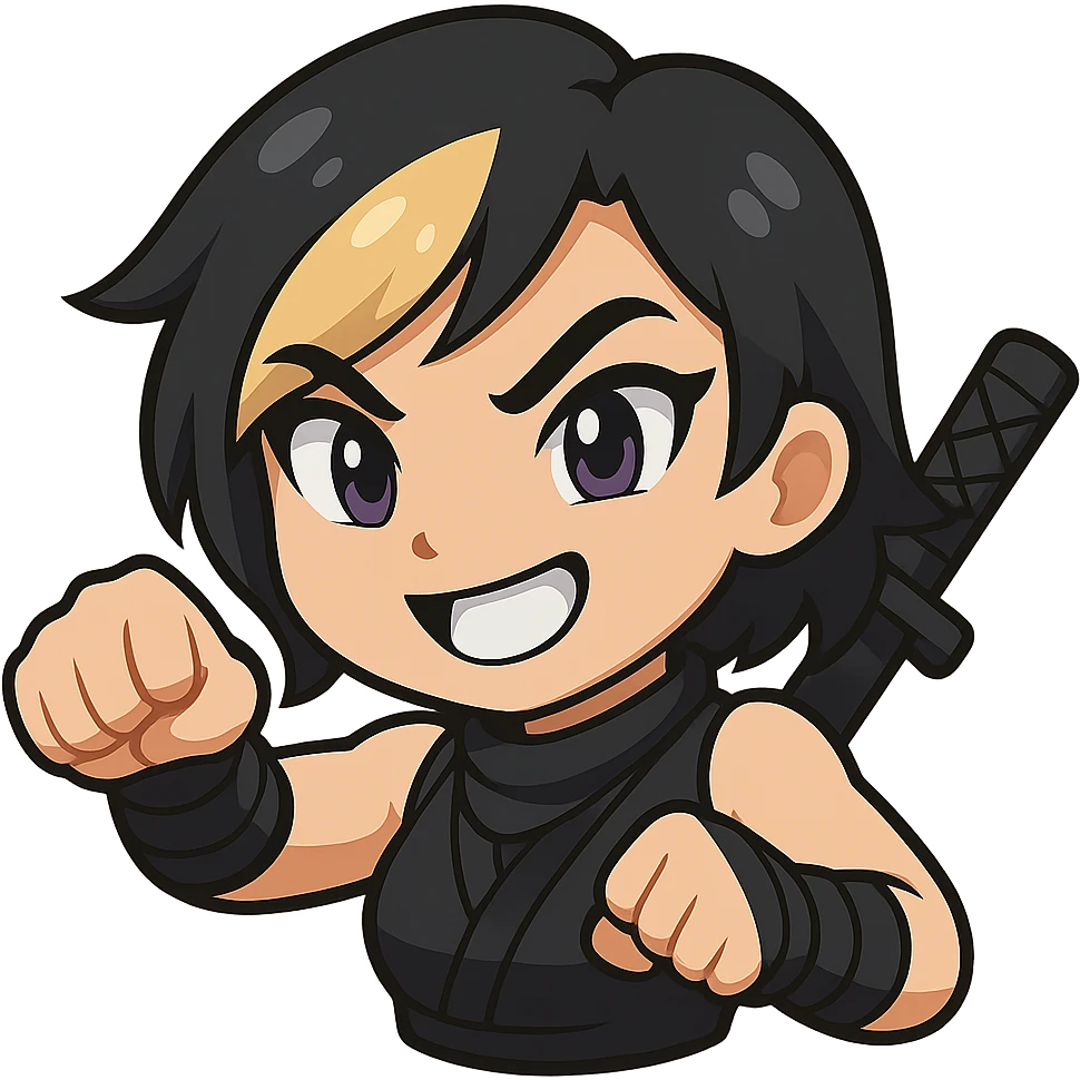 Create an anime chibi style ninja girl with the same face, outfit, and colors as the reference. The ninja girl should have her fist halfway up, mid-punch. Transparent background, sized for Twitch emoji use. This is animation frame 2. emoji