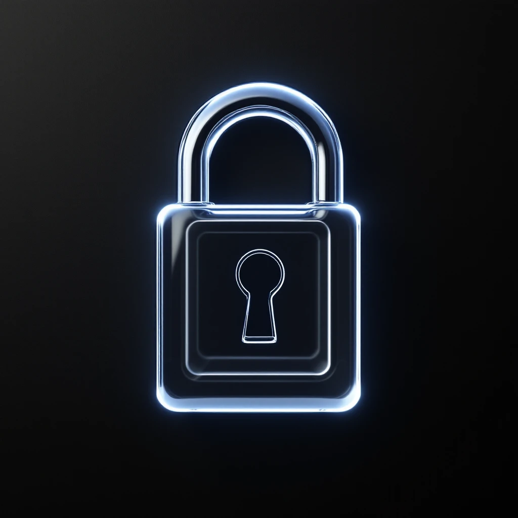 Photo of a 3d made of glass padlock, black void around symmetrical 3d render, rim light emoji