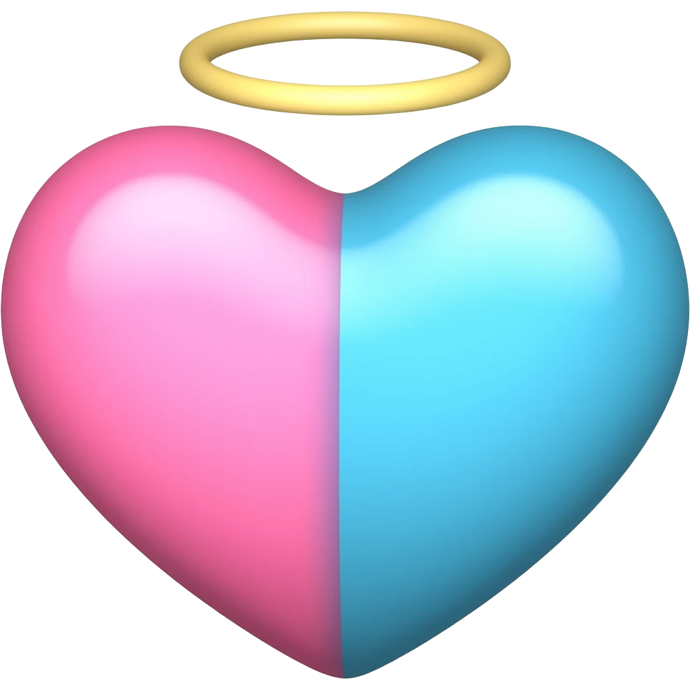 Half pink and hlaf blue heart with a halo on top emoji