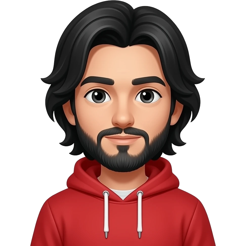 A boy with black long hair and has a Red hoodie with a beard emoji