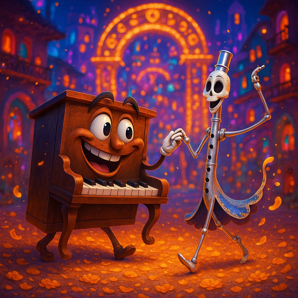 (Style film coco de pixar ) un piano au royaume des mort danse avec une flûte  emoji