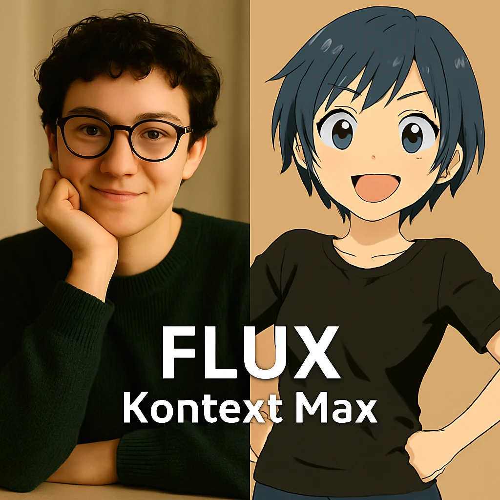 same similar image but chnage the text to "Flux Kontext Max", change people and pose too emoji