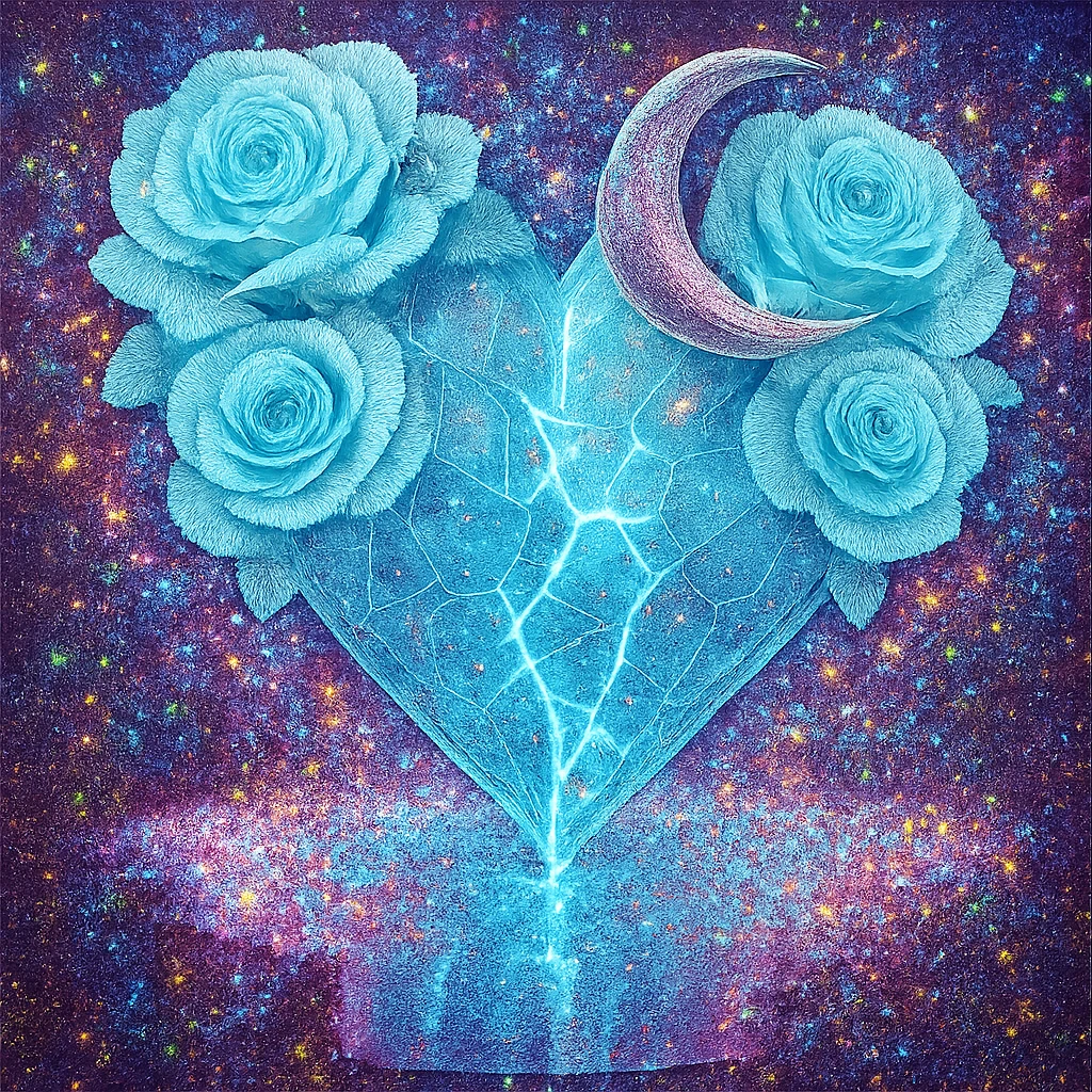 Add much more holographic stardust to the gothic heart formed from splintered light blue glass, silver crescent moon, light blue roses, neon lightning, and a wet, reflective surface. Keep the background transparent. emoji