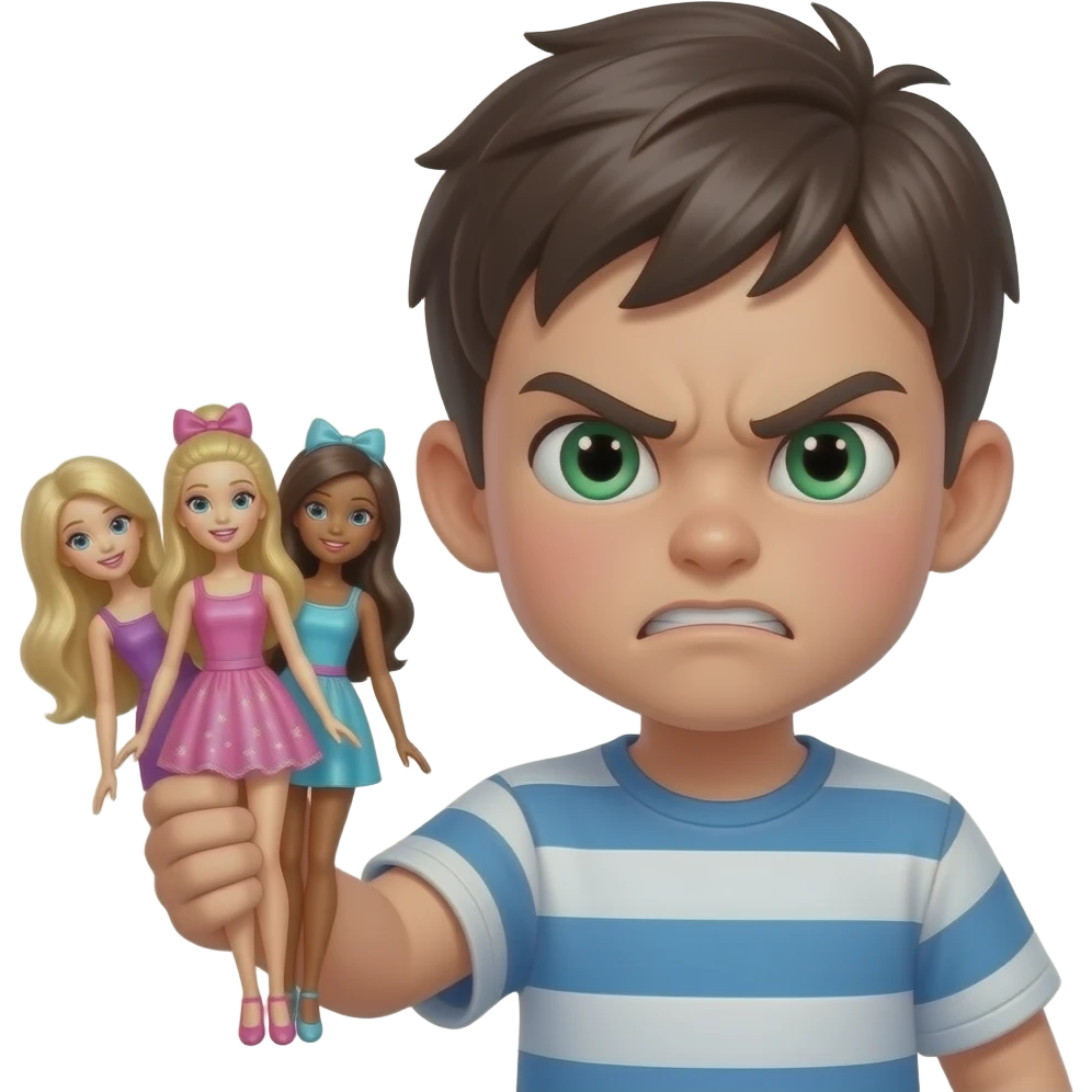 Little slim dark haïr boy with green eyes with three barbies in one Hand with very angry face emoji