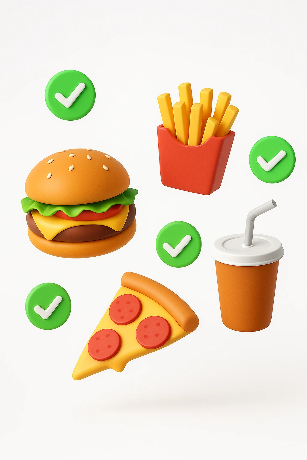 fast food fluttua in aria insieme a spunte di verificato in 3d, sfondo bianco emoji