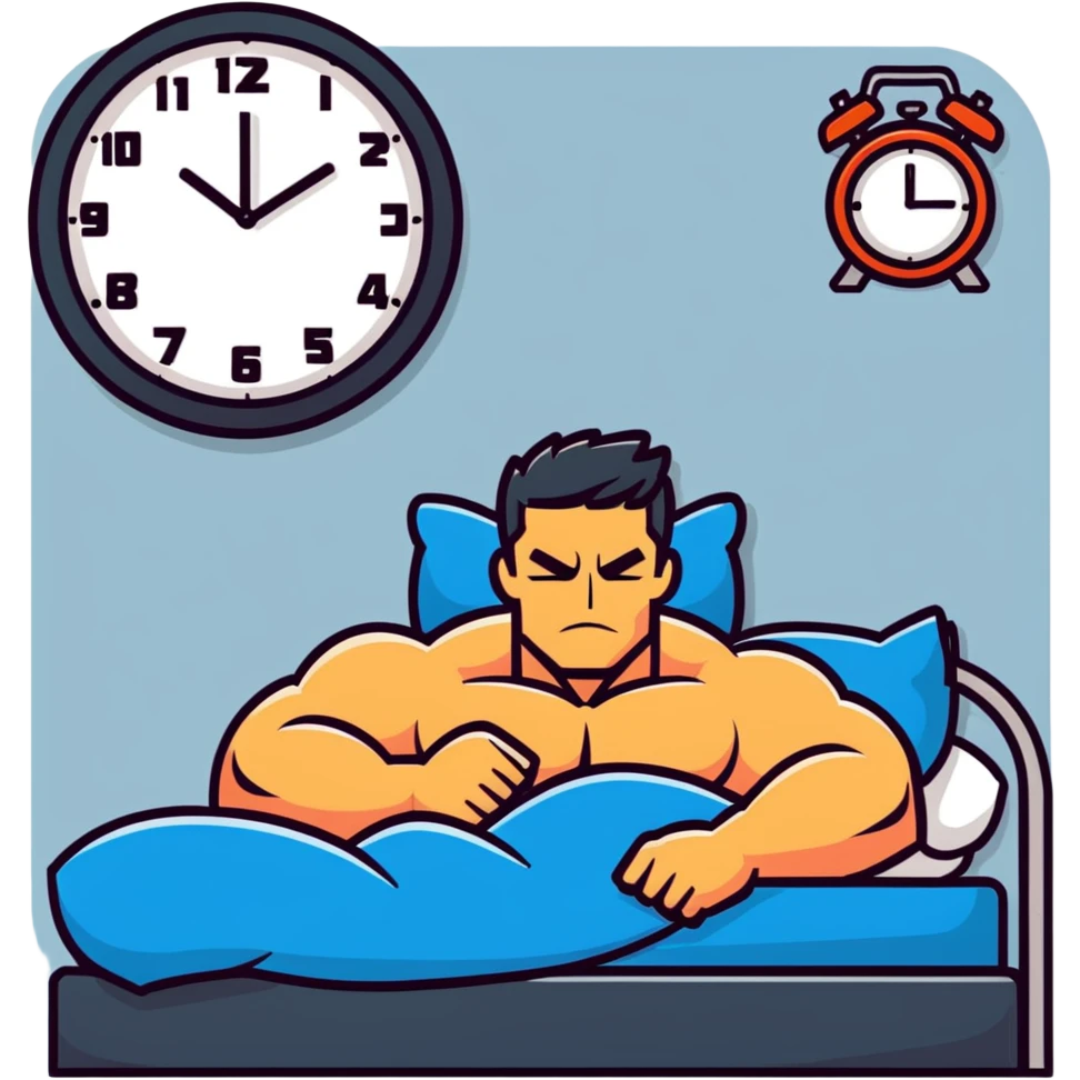 bodybuilder resting in bed, gym poster in background, large clock indicating 48 hours of rest, cartoonish sticker style emoji