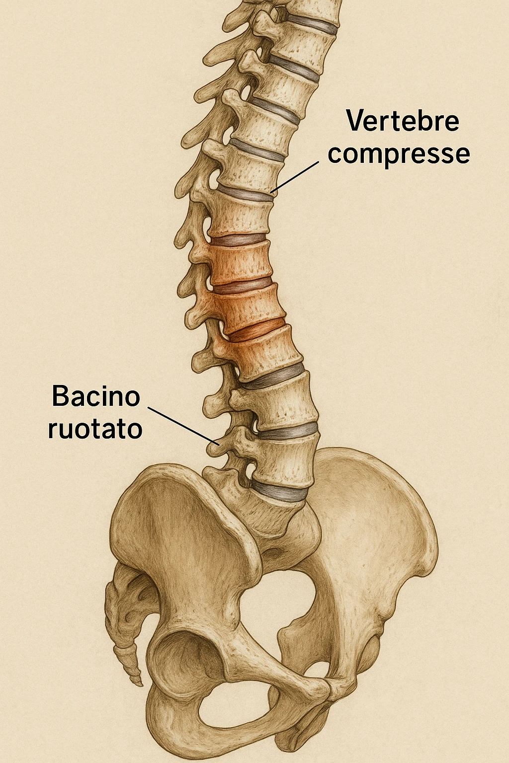 realistic anatomical image, lateral view, only compressed vertebrae highlighted, caused by rotated pelvis, clear anatomical details, Italian captions, aspect ratio 2:3 emoji