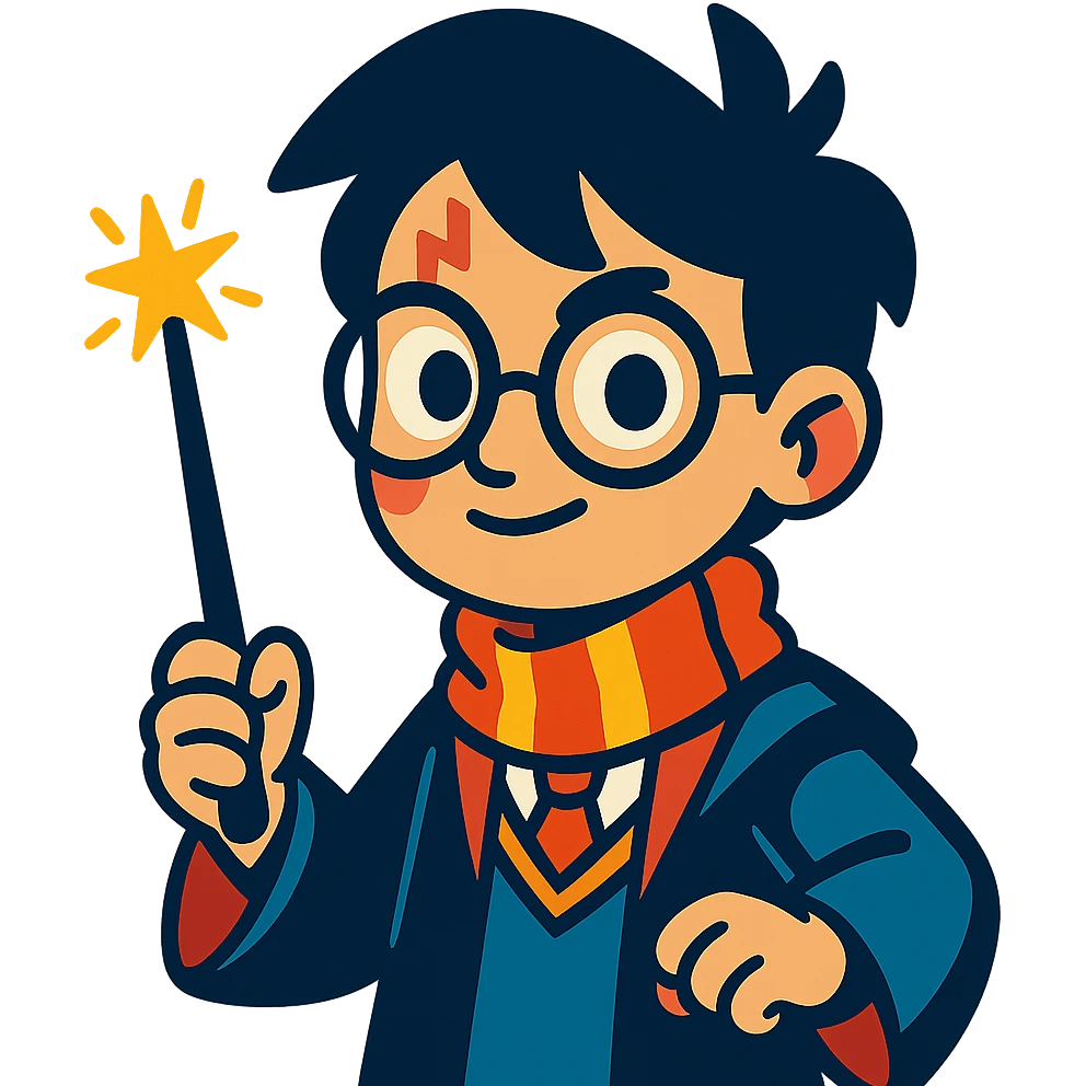 Harry Potter with glasses, lightning scar, and wand in a magical cartoon style emoji