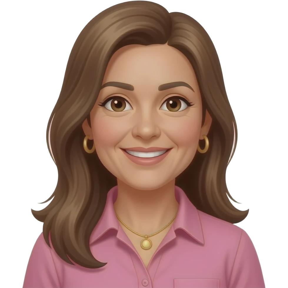 woman early 50s, dark brown eyes, very long straight hair all with highlights one length with side parting, hoop earrings, necklace, pink collared shirt, slighlty tanned skin, open smile, lighter skin emoji