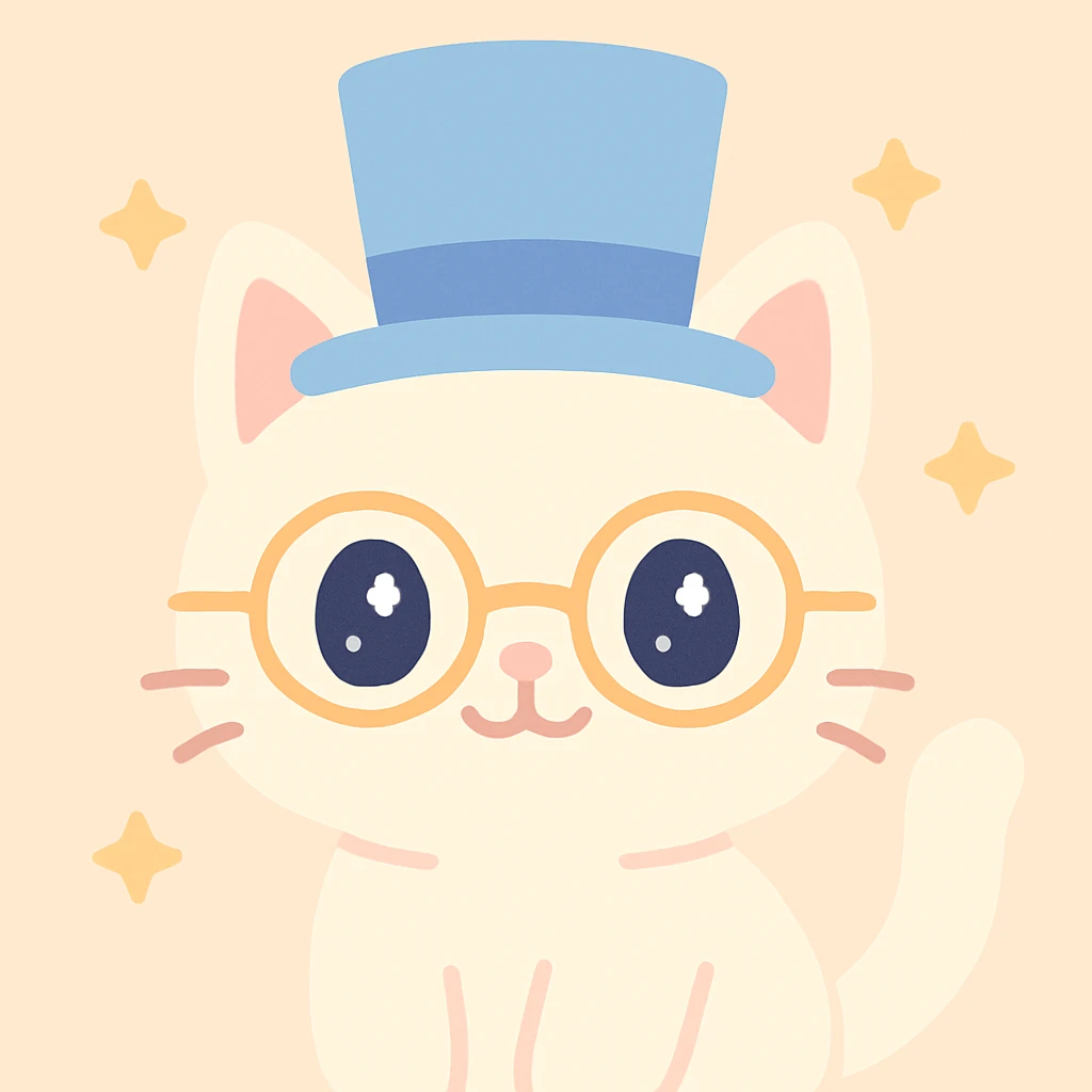 cat wearing a gibus hat and half moon glasses, charming illustrative style, cute and appealing emoji