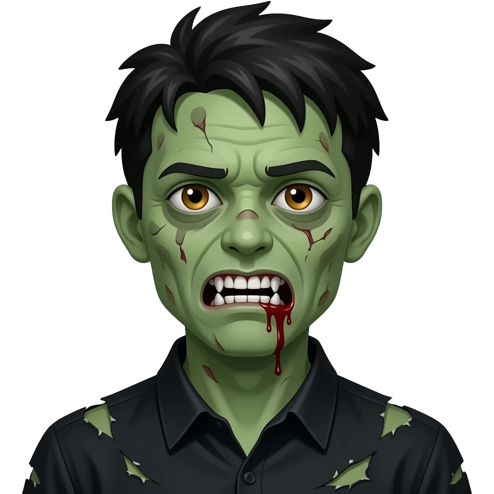 Zombie green skin dead, Black Hair hanging over one eye, white teeth with blood leaking out, minor scar under eye, drowsy eyes, hazel color eyes, black collared shirt, emoji