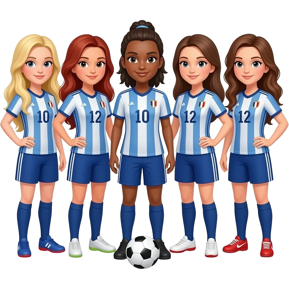 A team of 7 women playing soccer in France : one long blond hair white skin, one auburn long hair white skin, one with caramel-colored skin and chestnut hair, two with chestnut long hair white skin, one with brown middle hair white skin, one with brown long hair white skin emoji