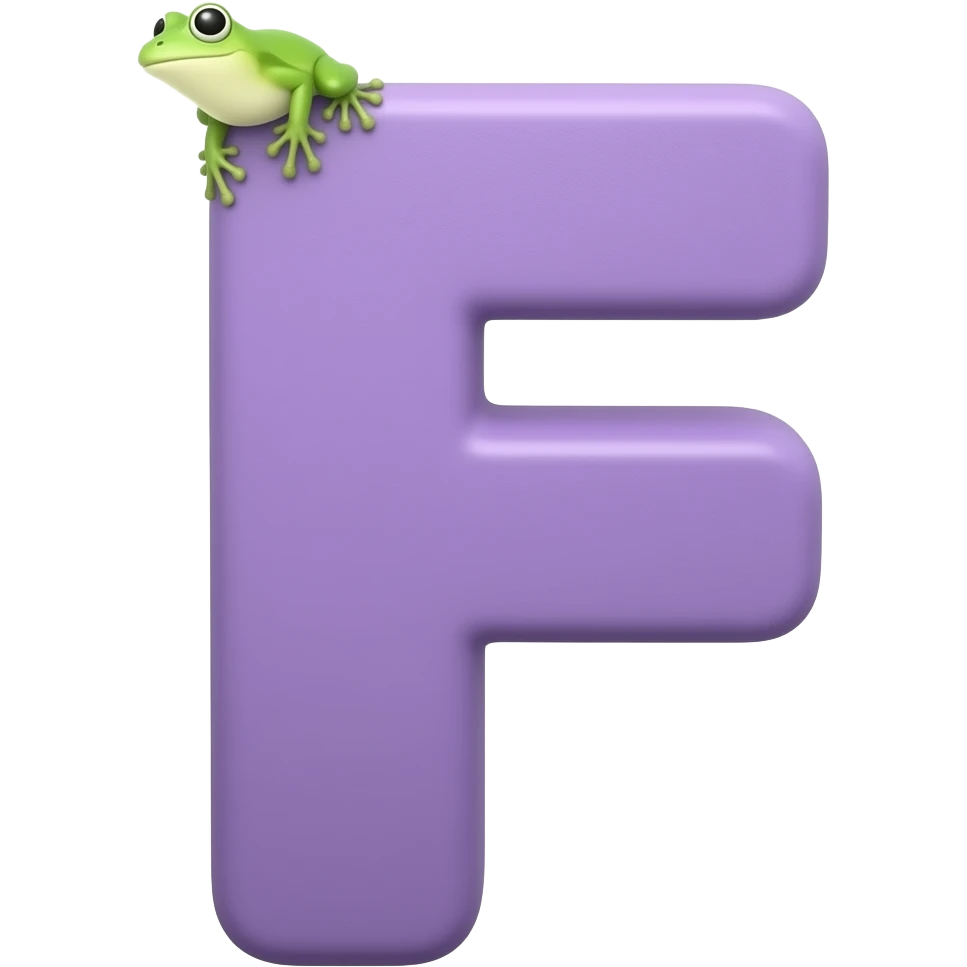a light purple letter f having a small frog on its top left corner. emoji