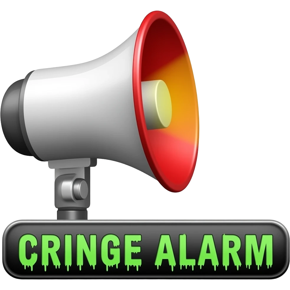 A blaring siren with visual sound effects, a label below it with text "Cringe Alarm" with green horror font", filled background emoji