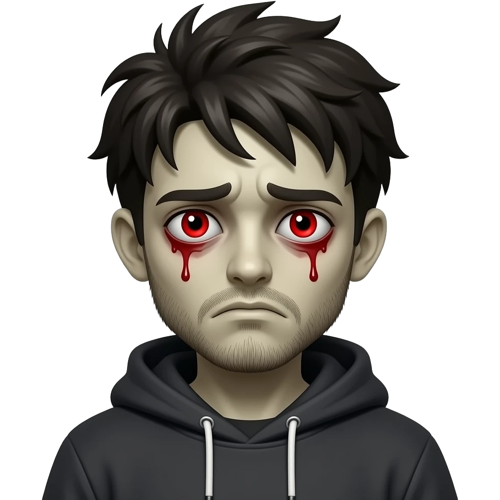 centered scary emoji zombie boy, creepy expression (not sad), glowing red eyes, blood under eyes, pale skin, messy dark hair, light stubble beard, hoodie, black background, symmetrical face emoji