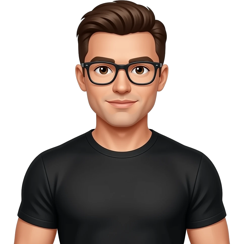 Brown hair, glasses, brown eyes, black round neck t shirt, sporty, muscular emoji