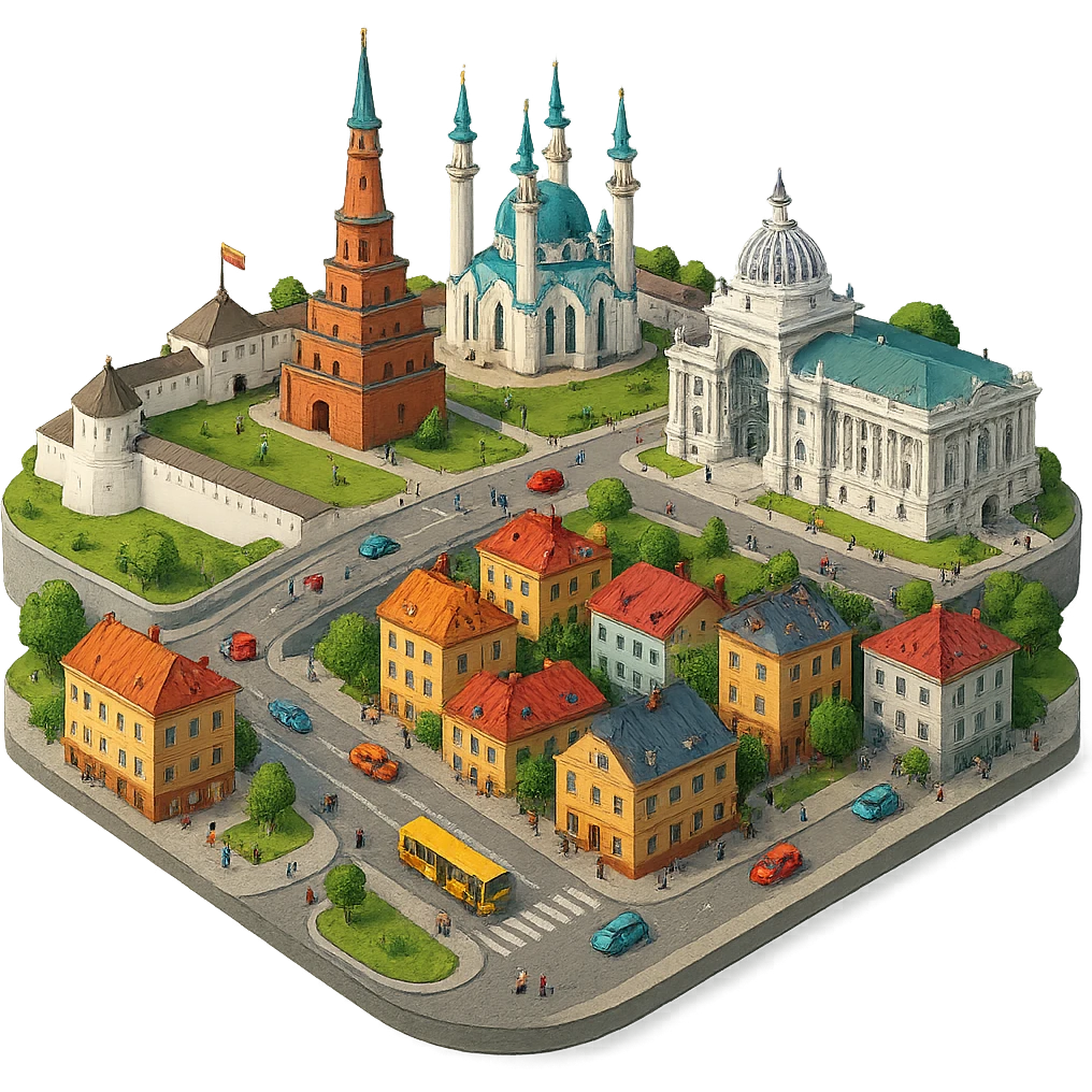 Изометричная миниатюрная фотореалистичная 3D модель панорамы Казани - Казанский Кремль, Кул-Шариф, Башня Сююмбике, Дворец земледельцев, казанские дома, автотранспорт четкие линии, яркие цвета, мультяшный реализм, люди, автотранспорт, компактная композиция, вид сверху в изометрии, прозрачный фон emoji