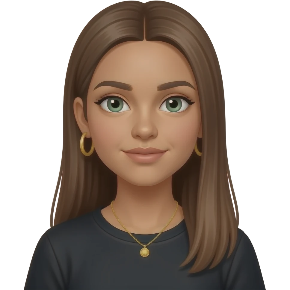 17 year old girl with straight very long medium brown hair, green-grey eyes, tan skin, gold hoop earrings, dainty gold necklace, wearing a black top emoji