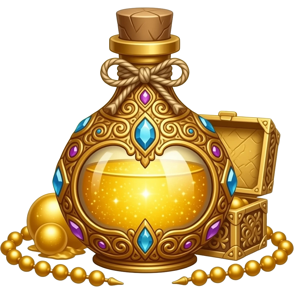 ornate golden potion bottle with intricate filigree, gemstones embedded, filled with shimmering luminous gold liquid, decorative cap tied with twine, surrounded by golden beads and an ornate box, glittering gold background, magical luxury aesthetic emoji
