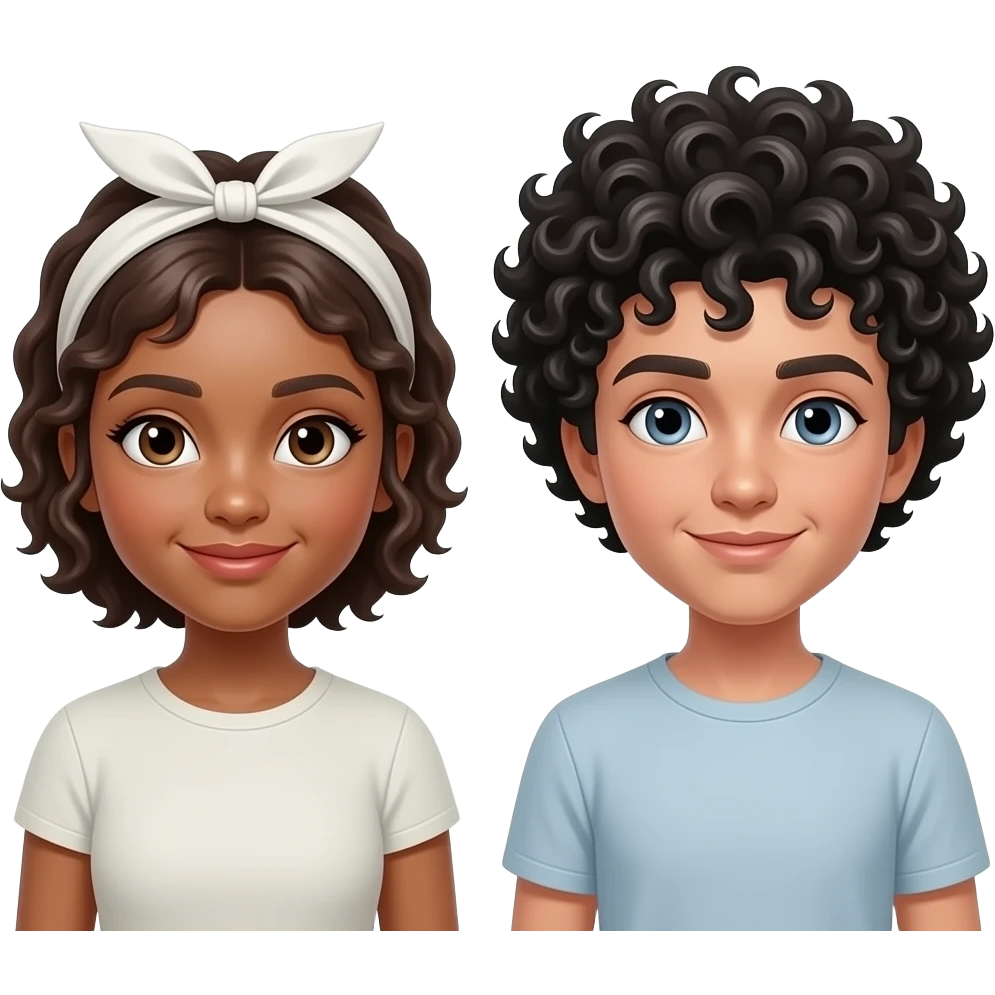Duas amigas, uma morena com o cabelo crespo curto e uma faixa branca, outra com branca com cabelo cacheado preto grande emoji