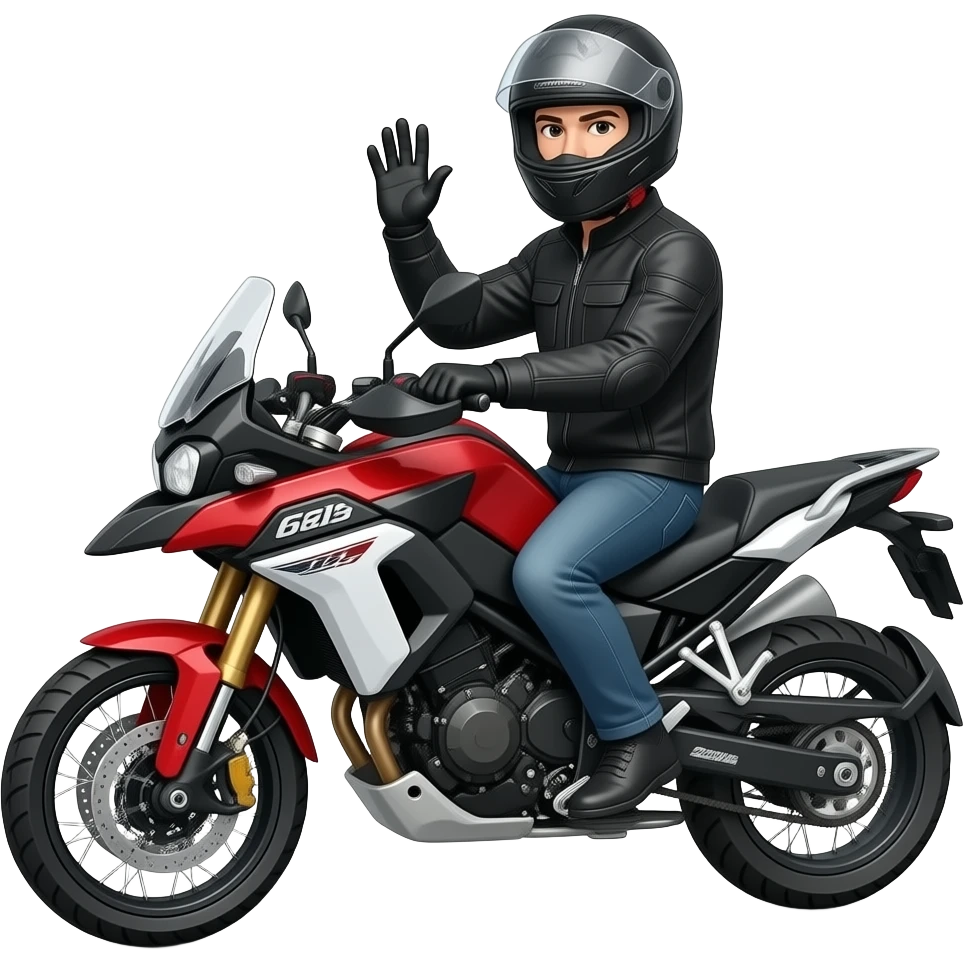 Man with helmet on 2018 Yahama Tenere 690 motorcycle red black and white waving emoji