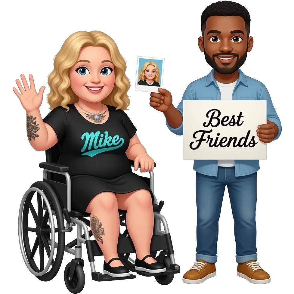 Plus size women waving in wheelchair Blonde curly hair blue eyes black tattoos a black summer dress saying Mike with logo in teal holding a Polaroid photo of herself having fun with  African American man black hair brown eyes no facial hair saying “Best Friends” in cursive writing emoji