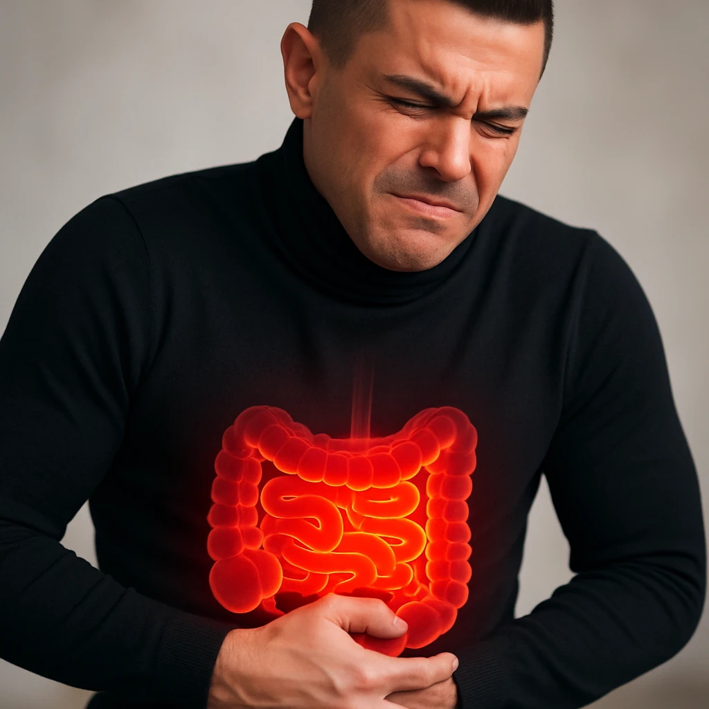 Realistic style image of a man with a curved posture, both hands on the abdomen, expression of strong discomfort, inflamed intestine highlighted. Focus on the abdomen. emoji
