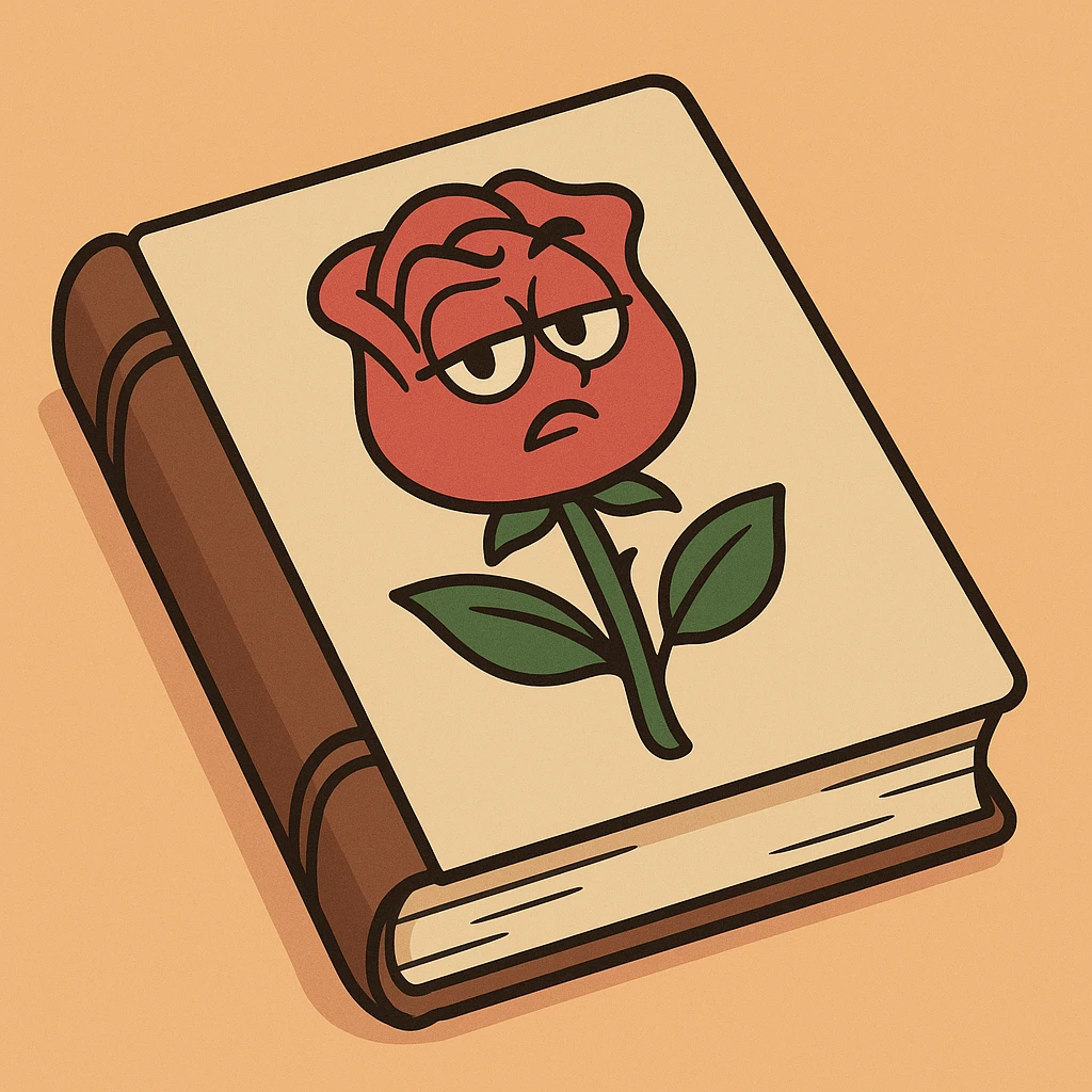 a book with a rose on the cover, elegant and simple, flat toon style emoji