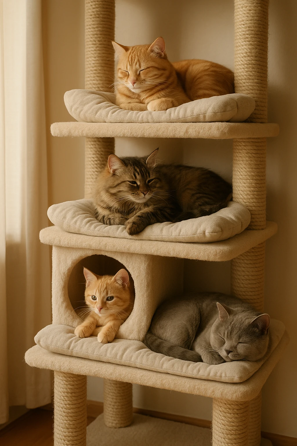 cats relaxing in a vertical playhouse emoji