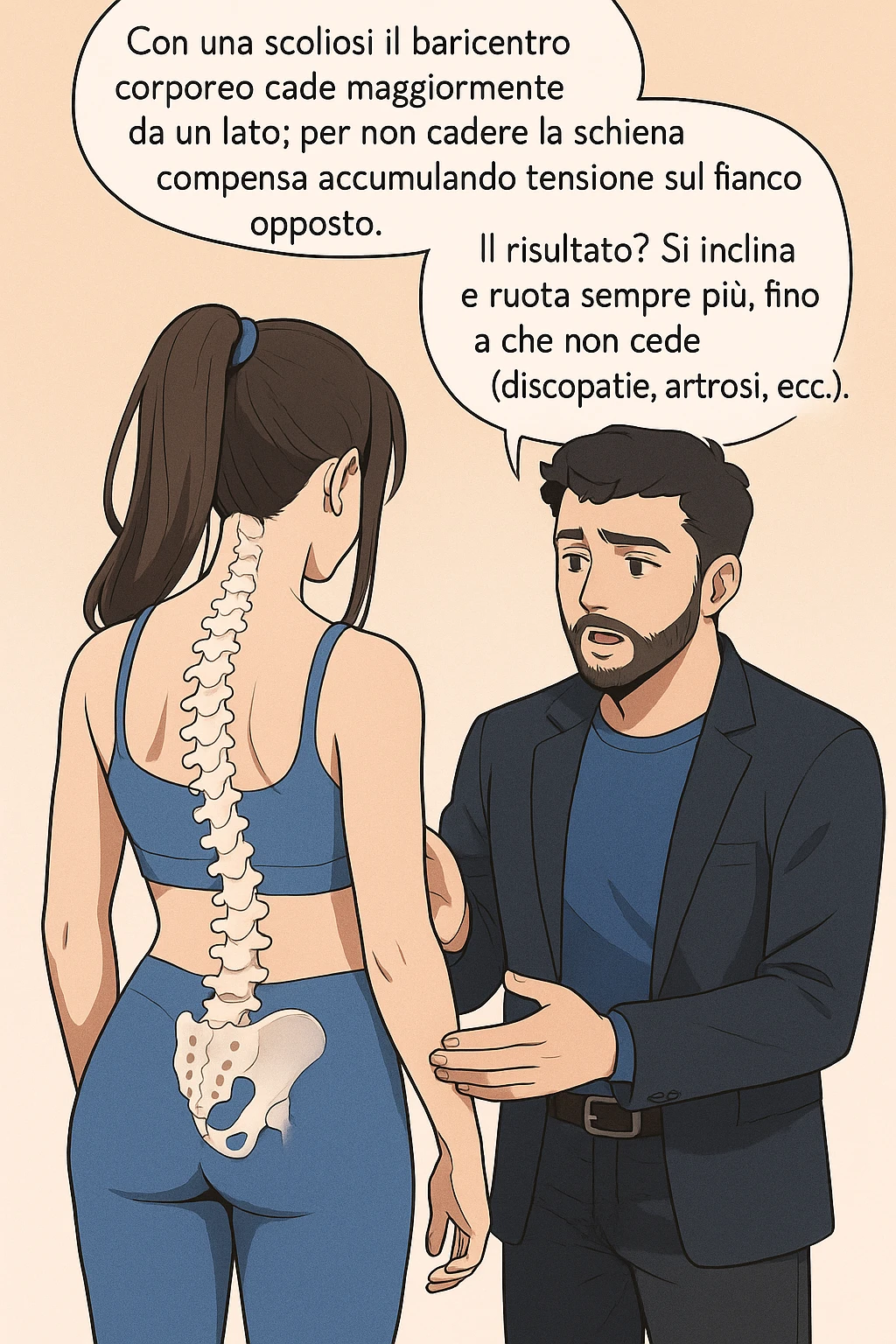 fai questa immagine in versione manga/webtoon a colori, il manga mostra la donna di spalle, mentre l'uomo le tocca la spina dorsale per spiegarle come funziona la scoliosi:
Con una scoliosi il baricentro corporeo cade maggiormente da un lato; per non cadere la schiena compensa accumulando tensione sul fianco opposto.
Il risultato? Si inclina e ruota sempre più, fino a che non cede (discopatie, artrosi, ecc) emoji