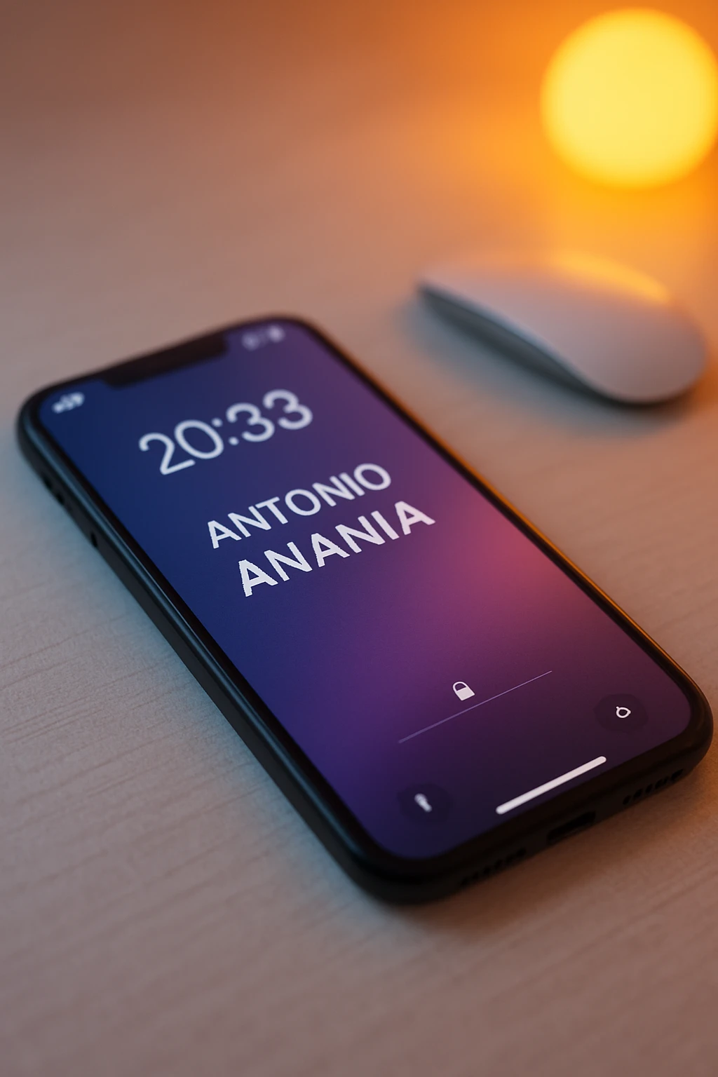 A photo of an iPhone on the desk with the message "Antonio Anania" on its screen, The phone sits atop a desk with a blurred background that suggests work environment. A faint glow from above casts gentle shadows across the surface of each object, creating depth and highlighting their textures emoji