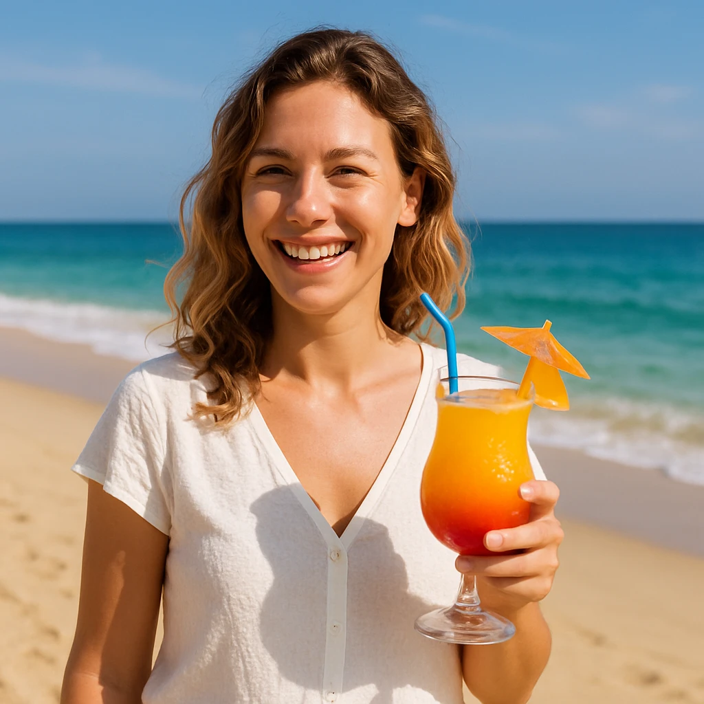 take this picture of a woman and make it  beach photo with drink emoji