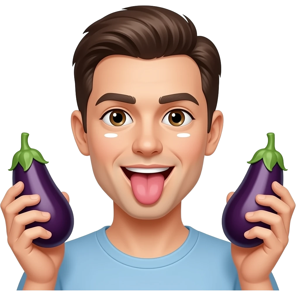 emoji face with tongue sticking out and 1 eggplant in mouth and 1 eggplant in each hand that are squirting white on face emoji